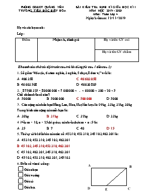 Bài kiểm tra Giữa học kỳ I môn Toán Lớp 4 - Năm học 2019-2020 - Trường Tiểu học hiệp Hòa (Có đáp án)